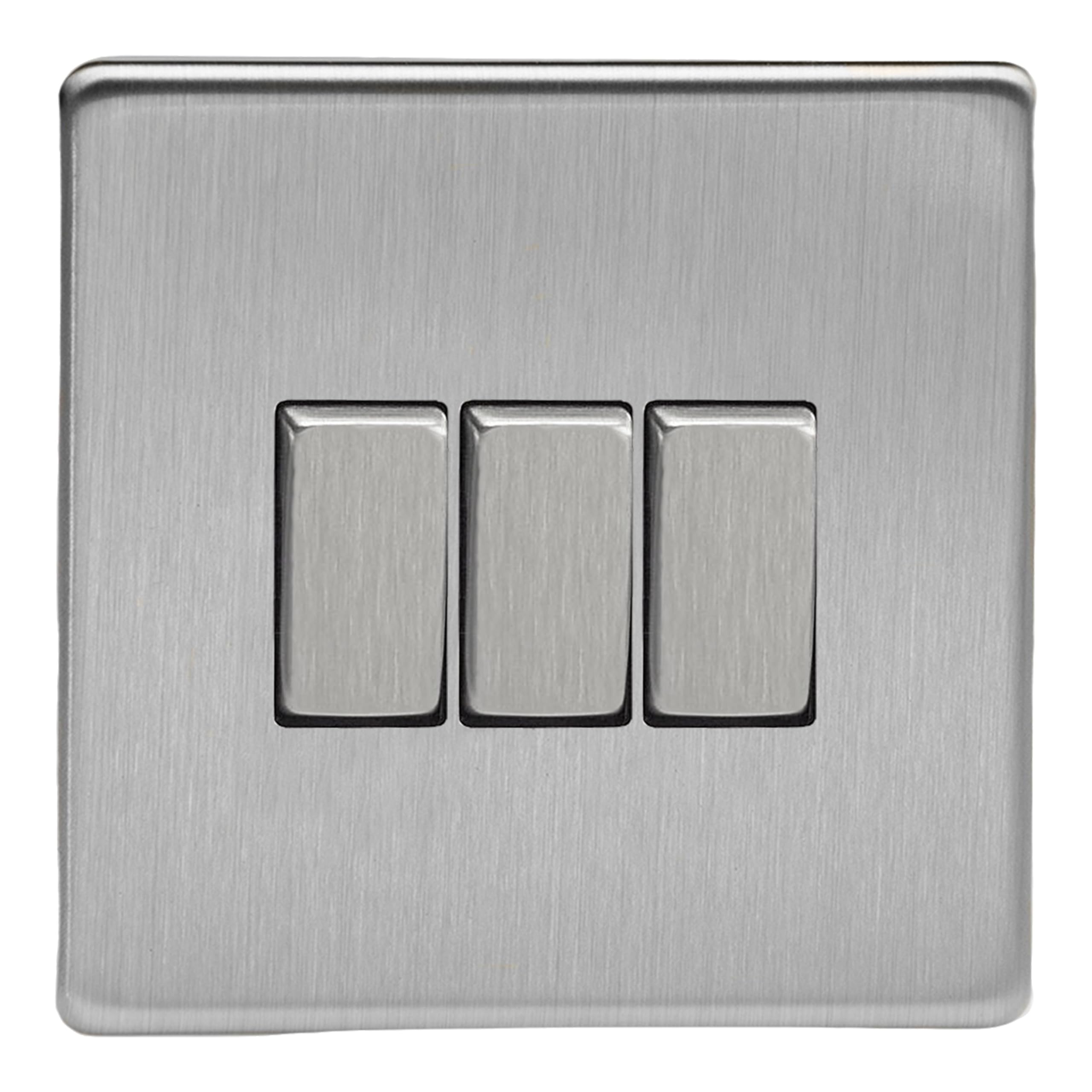 Varilight Triple Light Switch 2-Way - Screwless Brushed Steel With Brushed Steel Rockers