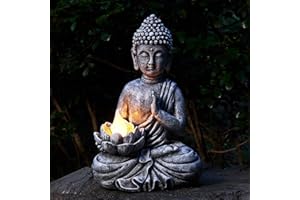 Yiosax Solar Buddha Statue - Outdoor Zen Sculpture With Flickering LED Lotus Light - Waterproof Garden Decor Gift - 11.81 Inch