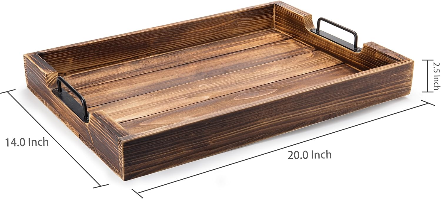 Rustic Burnt Wood 20-Inch Serving Tray with Modern Black Metal Handles: Home & Kitchen