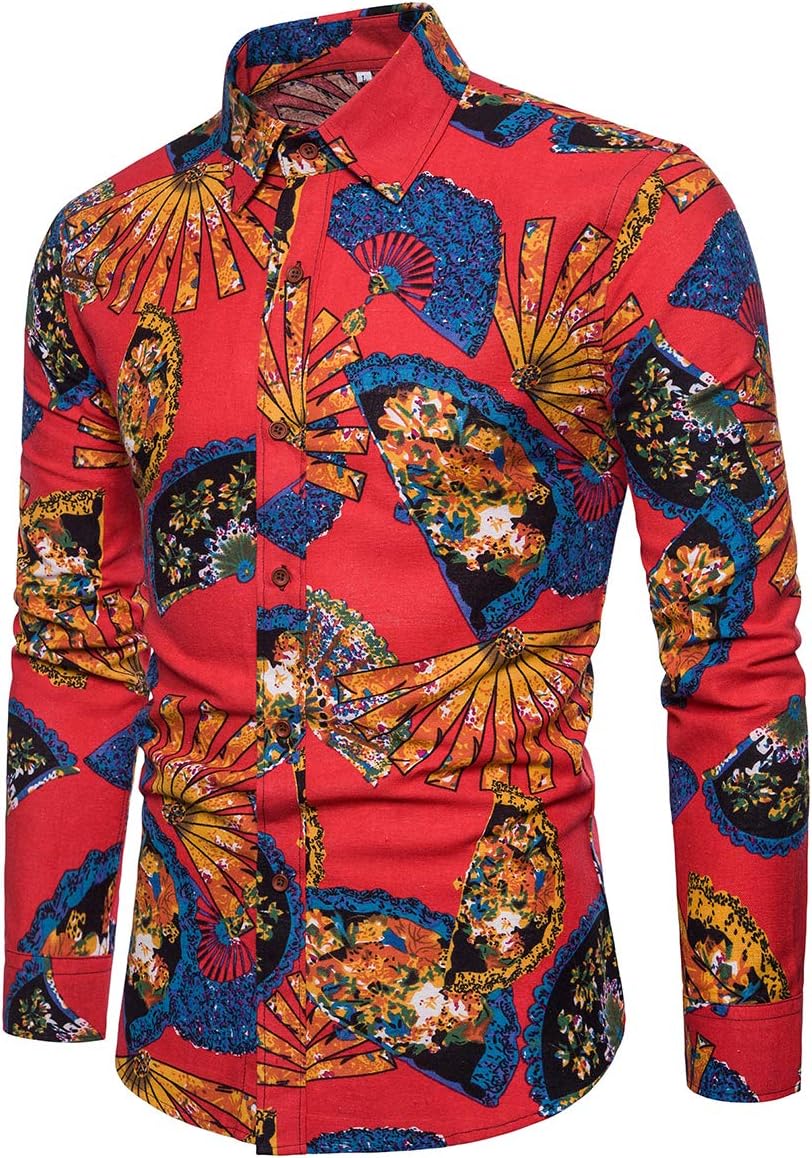 Mens Funky Floral Printed Shirt Long Sleeve Casual Linen Shirt Paisley Cotton Fashion Print Shirts Fancy Floral Casual Tops Unique Pattern