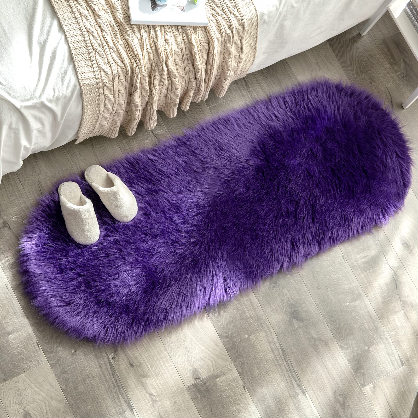 MIULEE Faux Fur Area Rugs Sheepskin Rugs Faux Fluffy Mat Fleece Chair Cover Seat Pad Soft Shaggy Area Mat for Bedroom Sofa Floor 60 x 160cm Oval Shape Purple