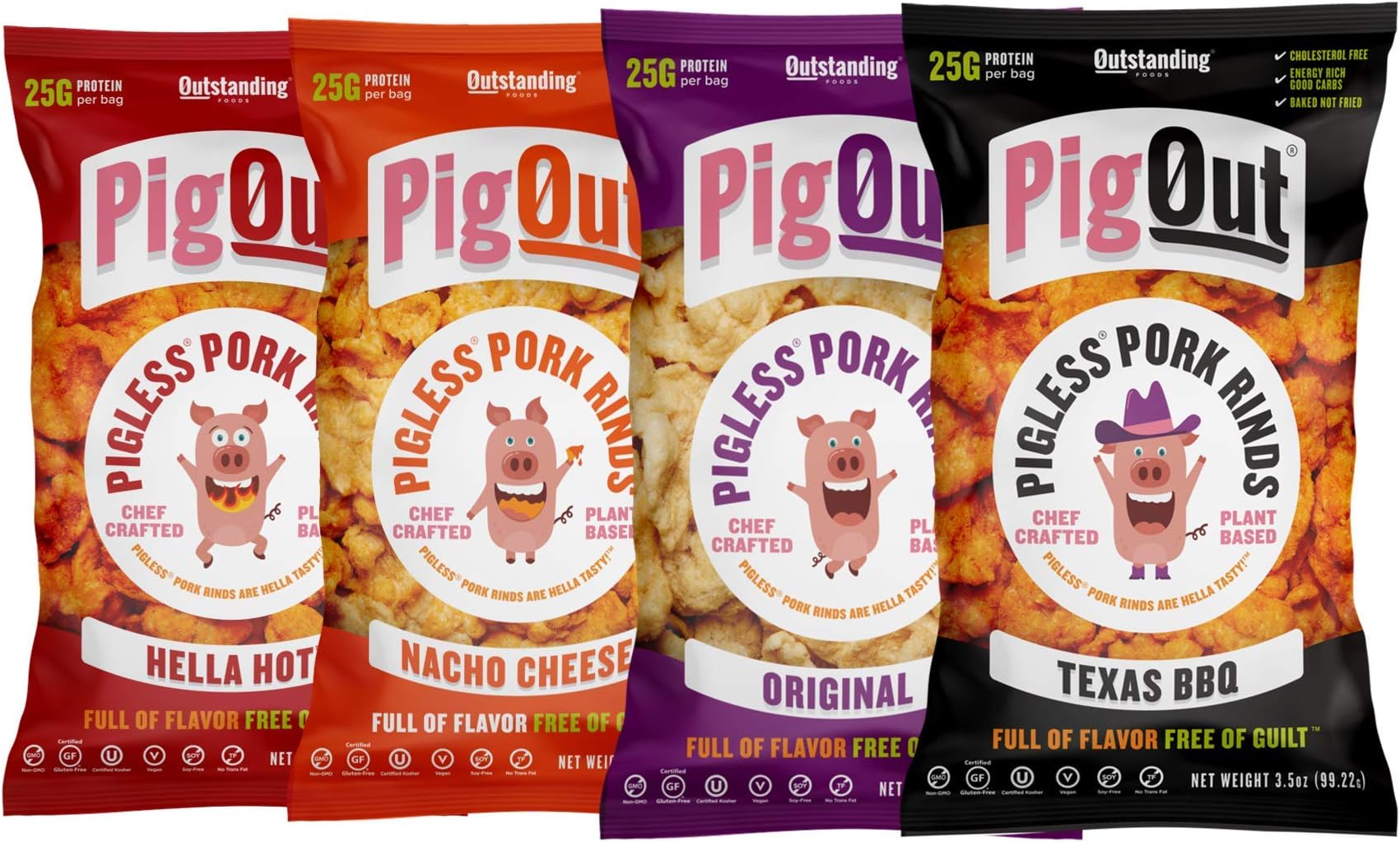 PigOut Pigless Pork Rinds | High Protein & Low Sugar | Plant-Based, Gluten Free, Kosher, Non-GMO | Variety, 3.5oz 4 Pack