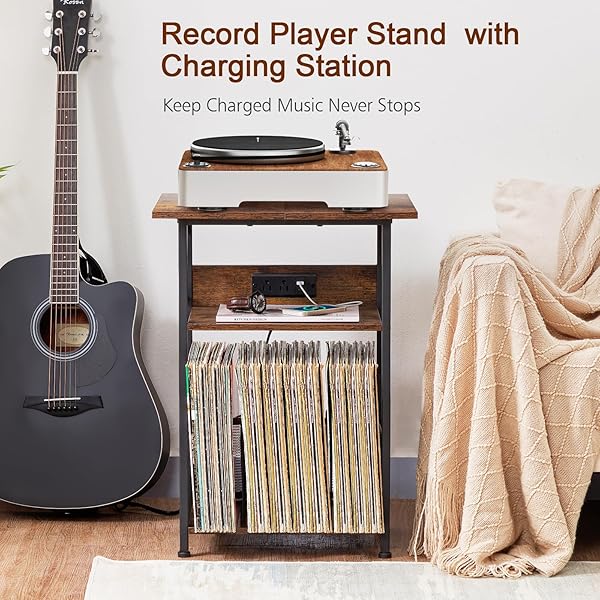 AMHANCIBLE RECORD PLAYER STAND WITH CHARGING STATION, LARGE TURNTABLE STAND WITH STORAGE CABINET, 3 TIER END TABLE HOLD UP TO 100 ALBUMS, RECORD STAND FOR VINYL, LIVING ROOM, BROWN, HETCD012BR-1