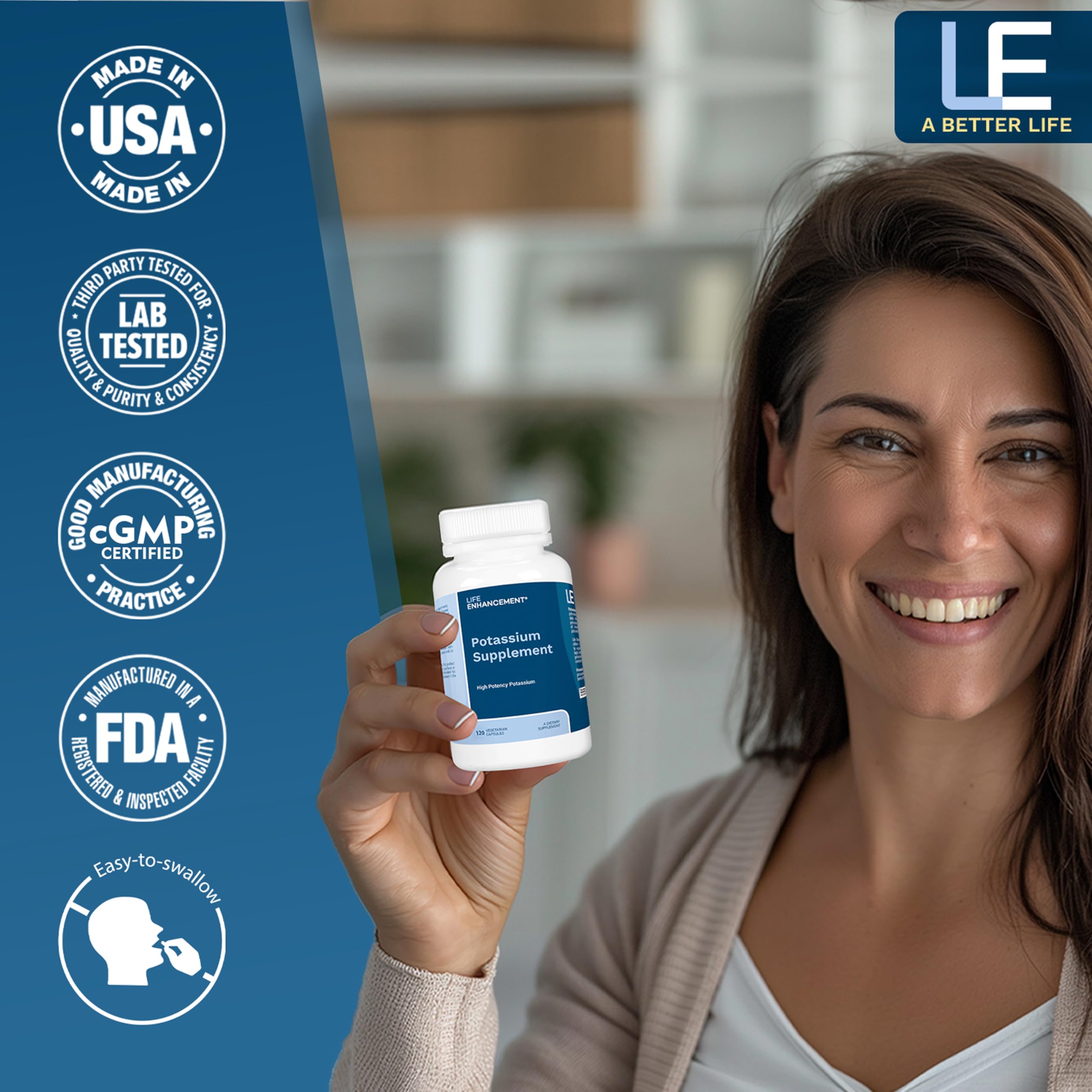 Life Enhancement High Absorption Potassium Supplement for Muscle, Brain & Bone Health - No Additives High Potency Elemental Potassium Supplement, Made in USA (120 Capsules - 60 Servings)