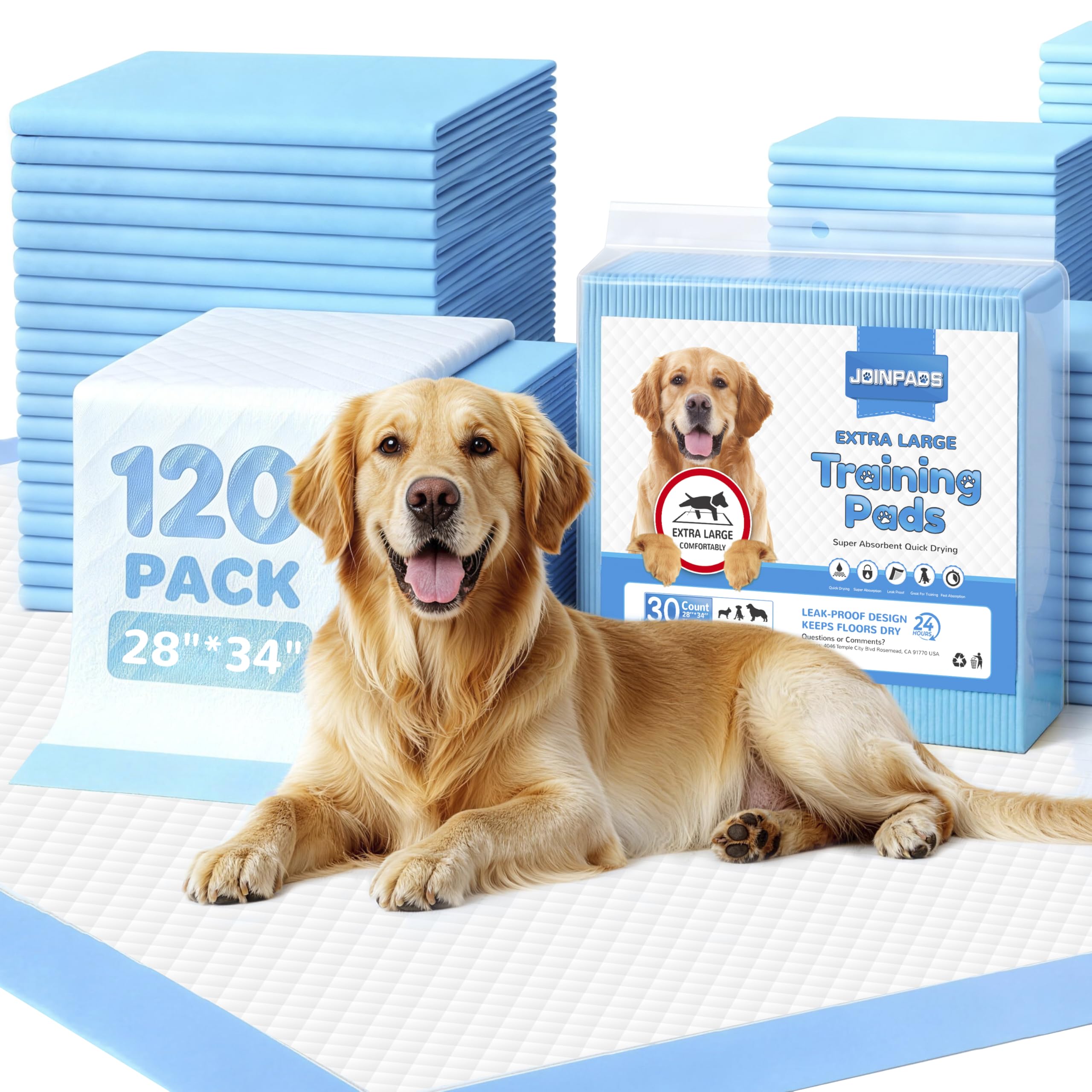JOINPADS 120-Count Extra Large Dog Pee Pads Puppy Pads XL, Thicker Design for Super Absorbent and Leak Proof Dog Pads, Disposable Potty Training Pads for Dogs, 28x34 Inches (Blue) Image