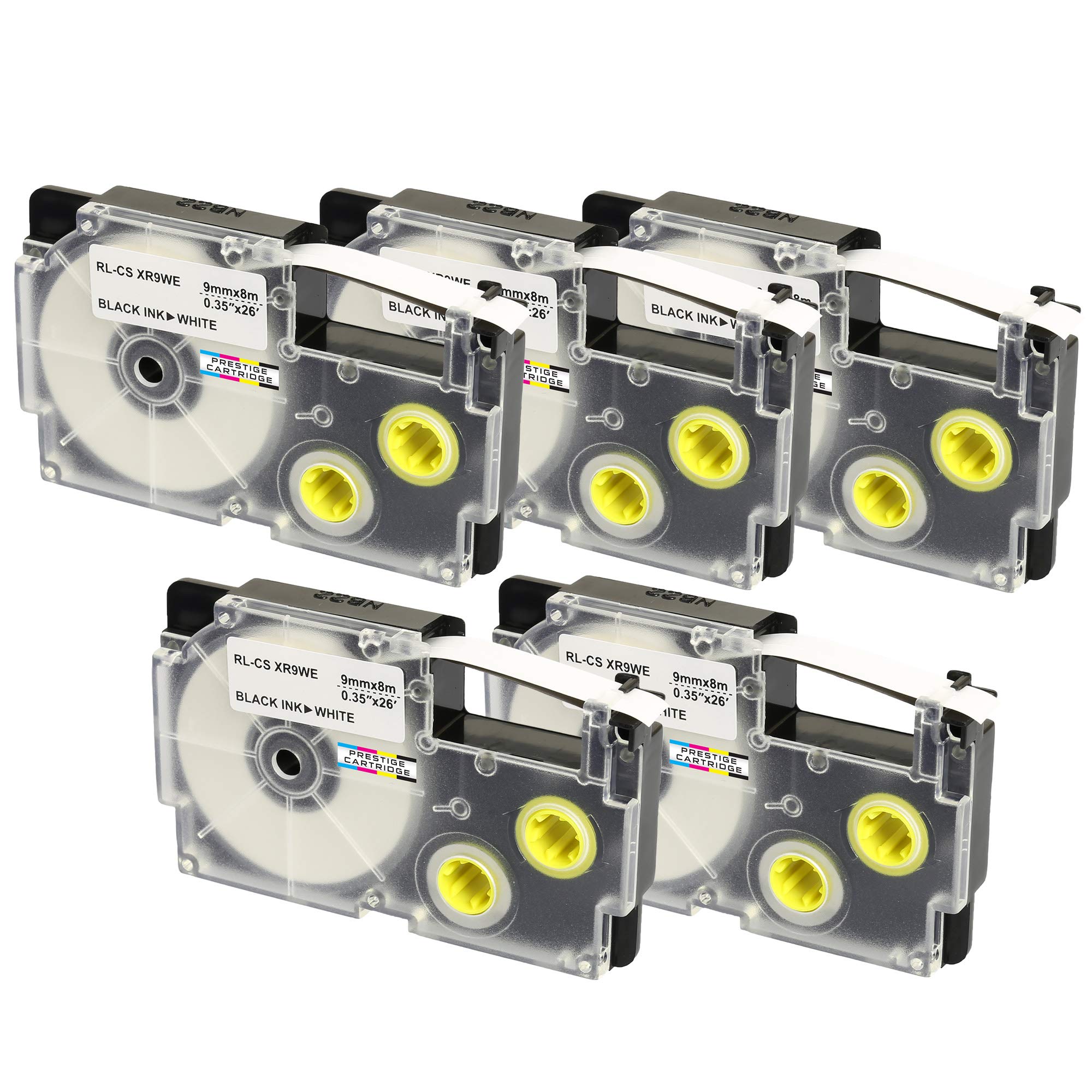 5X Compatible Ribbon Label Tapes XR-9WE XR-9WE1 Black on White 9mm x 8m Replacement for Casio KL-60 100 100E 120 200 200E 300 750 780 820 2000 7000 7200 7400 8100 8200 P1000 C500 CW-L300 Label