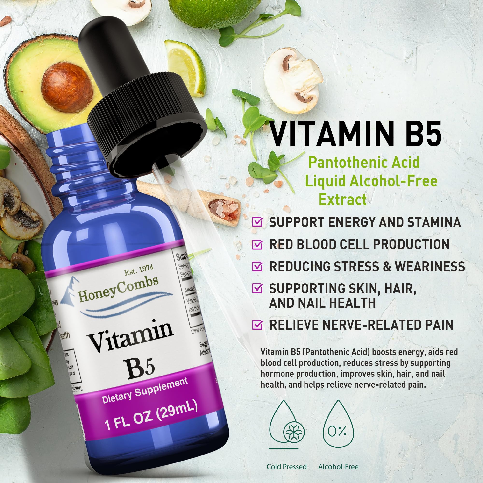 Vitamin B5 Pantothenic Acid Liquid Drops - Made in USA - 500% DV per Serving - 36 Servings per Container - Great for Men, Women, Children - Vegan Liquid Vitamins - Bulk Sizes Also Available
