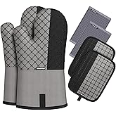 Oven Mitts and Pot Holders Sets 6pcs, Kitchen Oven Glove,High Heat Resistant 550 Degree Extra Long Oven Mitts and Potholders with Non-Slip Silicone Surface for Home Essentials (Grey) (Gray 2)