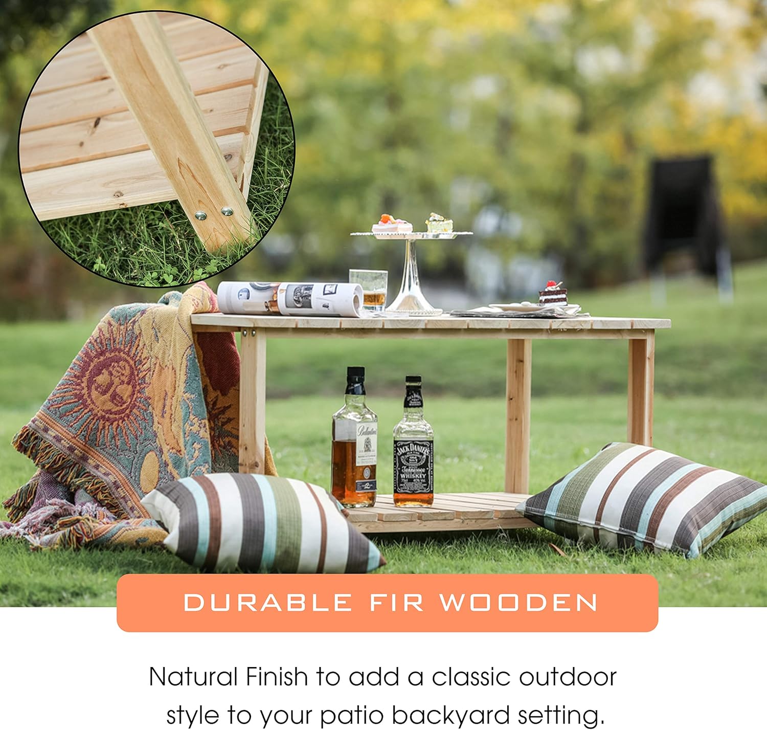 LOKATSE HOME Outdoor Coffee Table Natural Wood Patio Furniture with 2-Shelf Storage Organizer : Garden & Outdoor