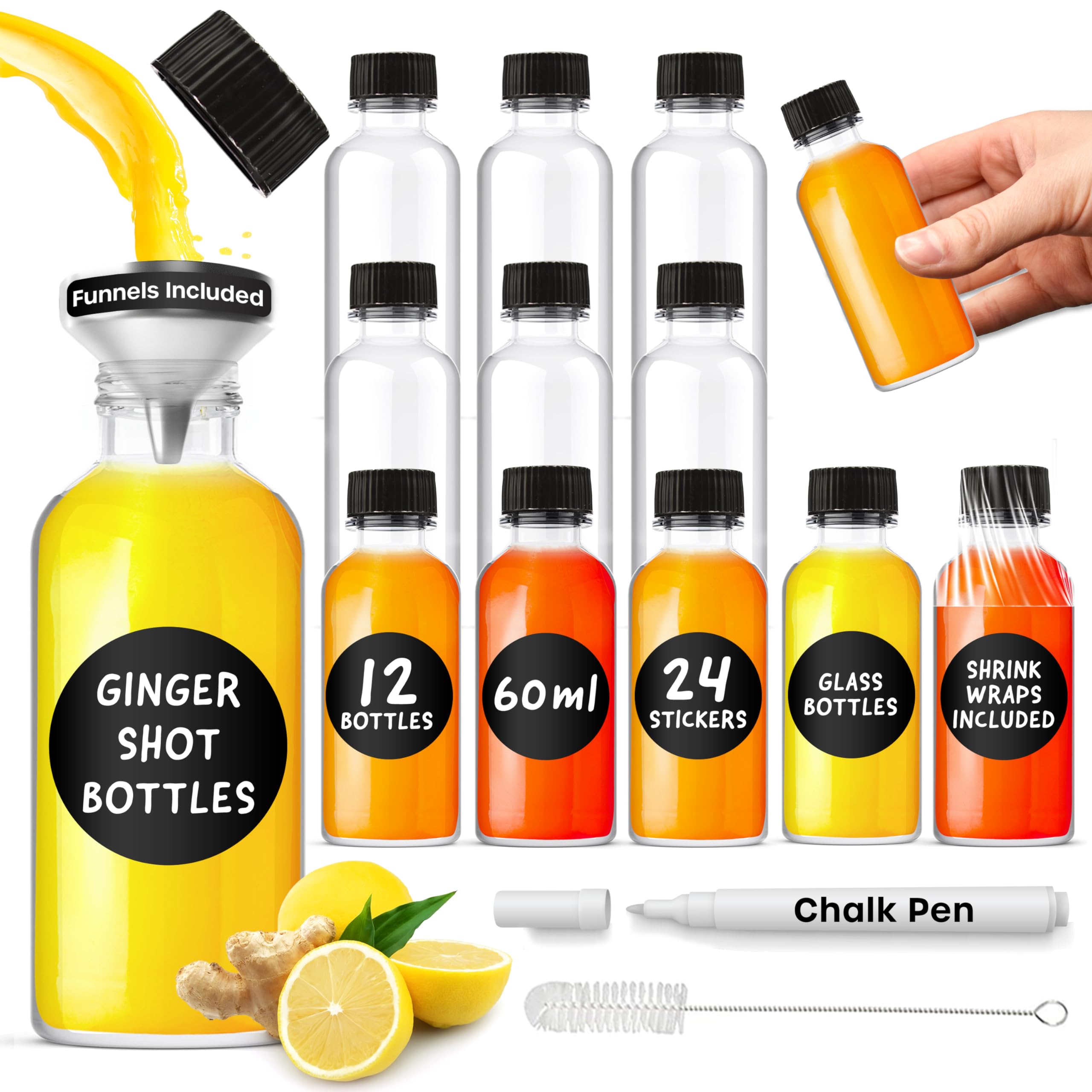 volila Glass Shot Bottles with lids - 12 Pack 60ml Leak Proof Small Glass Bottles for Juice, Oils, Liquor, Potion - Ginger Shot Bottles with Funnel, Brush, Labels, Pen and Shrink Wrap