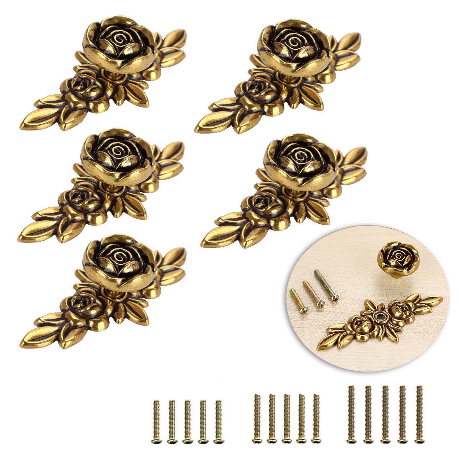 BSTKEY 5 Packs Rose Drawer Knobs Pull Handles for Cupboard Cabinet Wardrobe Chest with Plate, Decorative Furniture Knob for Home (100mm, Antique Brass)