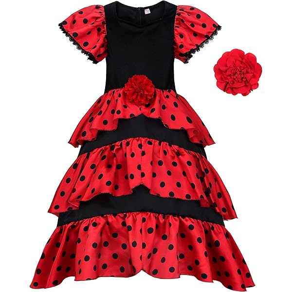 Amazon.com: Elegant Spanish Dancer Costume Set For Ages 8-10 - Medium Size  (1 Pc.) - Dazzling Red & Black Design
