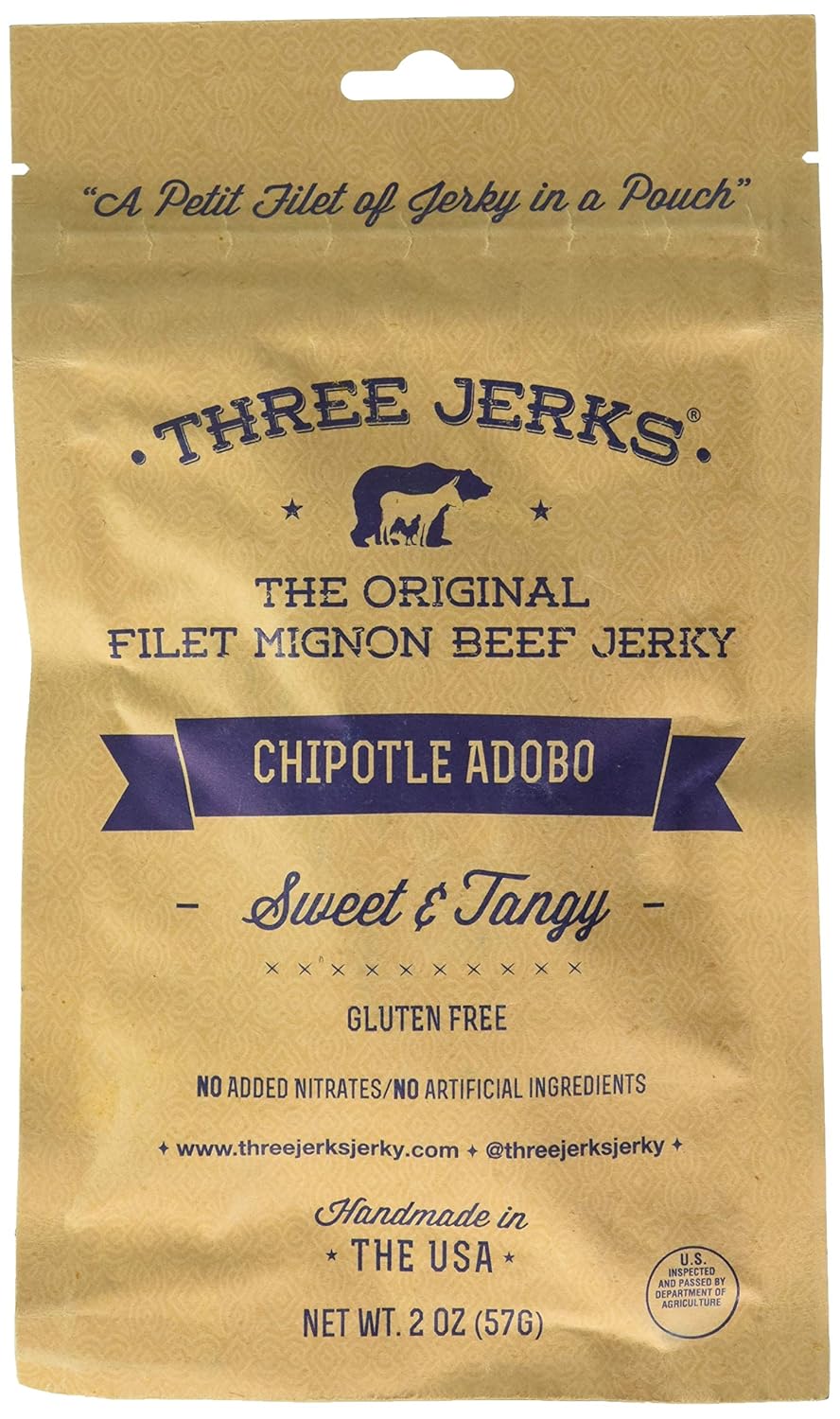 Three Jerks Jerky Filet Mignon Chipotle Adobo Jerky, Sweet And Tangy, 2 Ounce