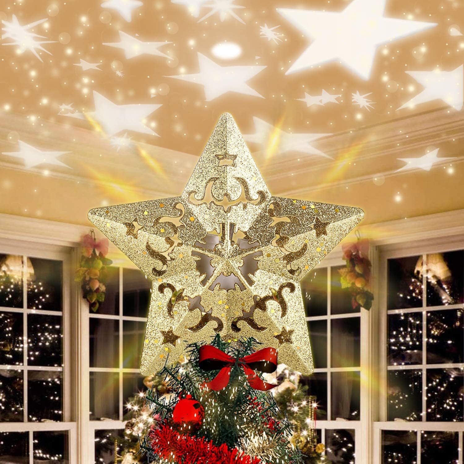 Tree Toppers - Christmas Tree Topper with 3D Projector Gold Star,fohuas LED Rotating Flash Xmas Ornament Light Lamp Star Shape,Glitter Sparkling Yellow Gold 5-Point Star Indoor Decorative Lights