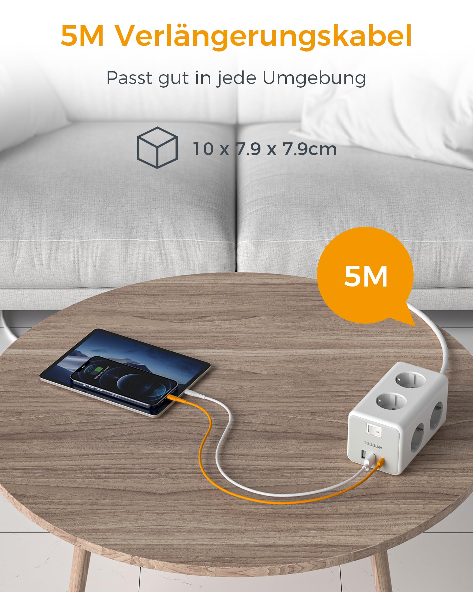 TESSAN 6 Fach Mehrfachsteckdose mit USB C, Verlängerungskabel 5M Verteilersteckdose, Steckdosenleiste mit 3 USB, 9 in 1 Steckerleiste mit Schalter, Steckdosenwürfel Wandmontage, Mehrfachstecker 3600W 4