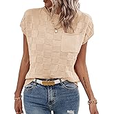 Imily Bela Womens Cap Sleeve Sweater Sleeveless Crewneck Checkered Casual Loose Fit Knit Shirts Pullover Tops