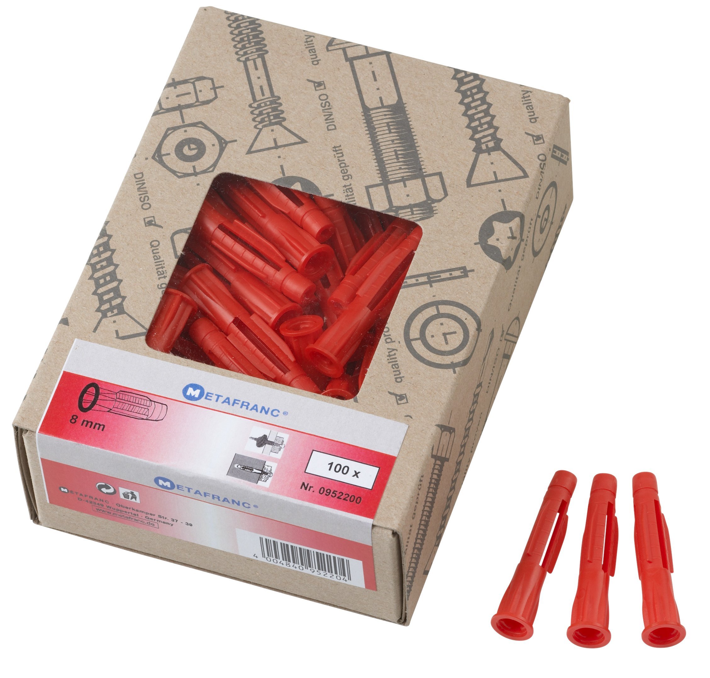 Metafranc Universal, Diameter, Pack of 100, for attaching Solid and Hollow Building Materials, All-Purpose, Expansion, Cavity dowels, Triple Wings, 952200, red, Ø 8 mm