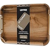 Upper Acacia Wood Ottoman Tray 17x13 Inches with Handles, Decorative Serving Tray for Coffee Table, Breakfast Tray with Anti-Skid Pads