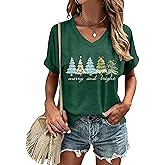 Christmas Shirts for Women Xmas Tree Graphic V Neck Tshirt Merry and Bright Festive Gift Tee Tops