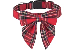 ADOGGYGO Christmas Dog Collar with Bow, Adjustable Cotton Red Plaid Bowtie Dog Christmas Collars for Large Dogs Pets (Large, Xmas)