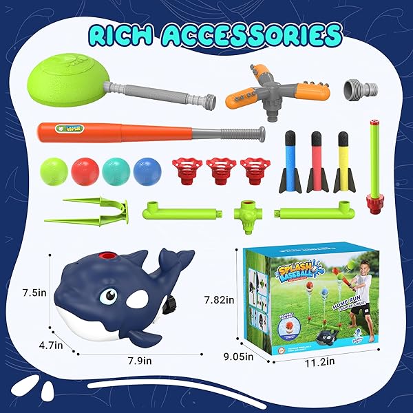 4-IN-1 WHALE WATER SPRINKLER BASEBALL SET FOR KID,SUMMER WATER TOY WITH 3 JETS, 4 BALLS AND ROCKET LAUNCH GAME, KIDS SPRINKLERS WITH 360° ROTATING SPRINKLER,OUTDOOR WATER TOYS FOR KIDS AGE 3+ YEARS