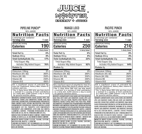 MONSTER ENERGY JUICE MONSTER VARIETY PACK, PIPELINE PUNCH, MANGO LOCO, PACIFIC PUNCH, ENERGY+JUICE, ENERGY DRINK, 16 OUNCE (PACK OF 15)
