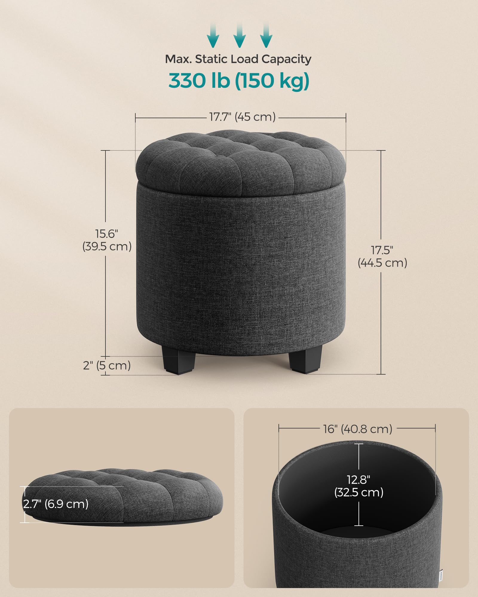 SONGMICS Round Ottoman, Ottoman with Storage, 17.7 Dia. x 17.5 H Inches Foot Rest with Legs, Load up to 330 lb, for Living Room, Bedroom, Dark Gray ULOM011G01 - Image 3