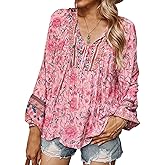 YUZIBAO Blouses for Women V Neck Long Sleeve Boho Tops Babydoll Shirts Floral Print Blouse