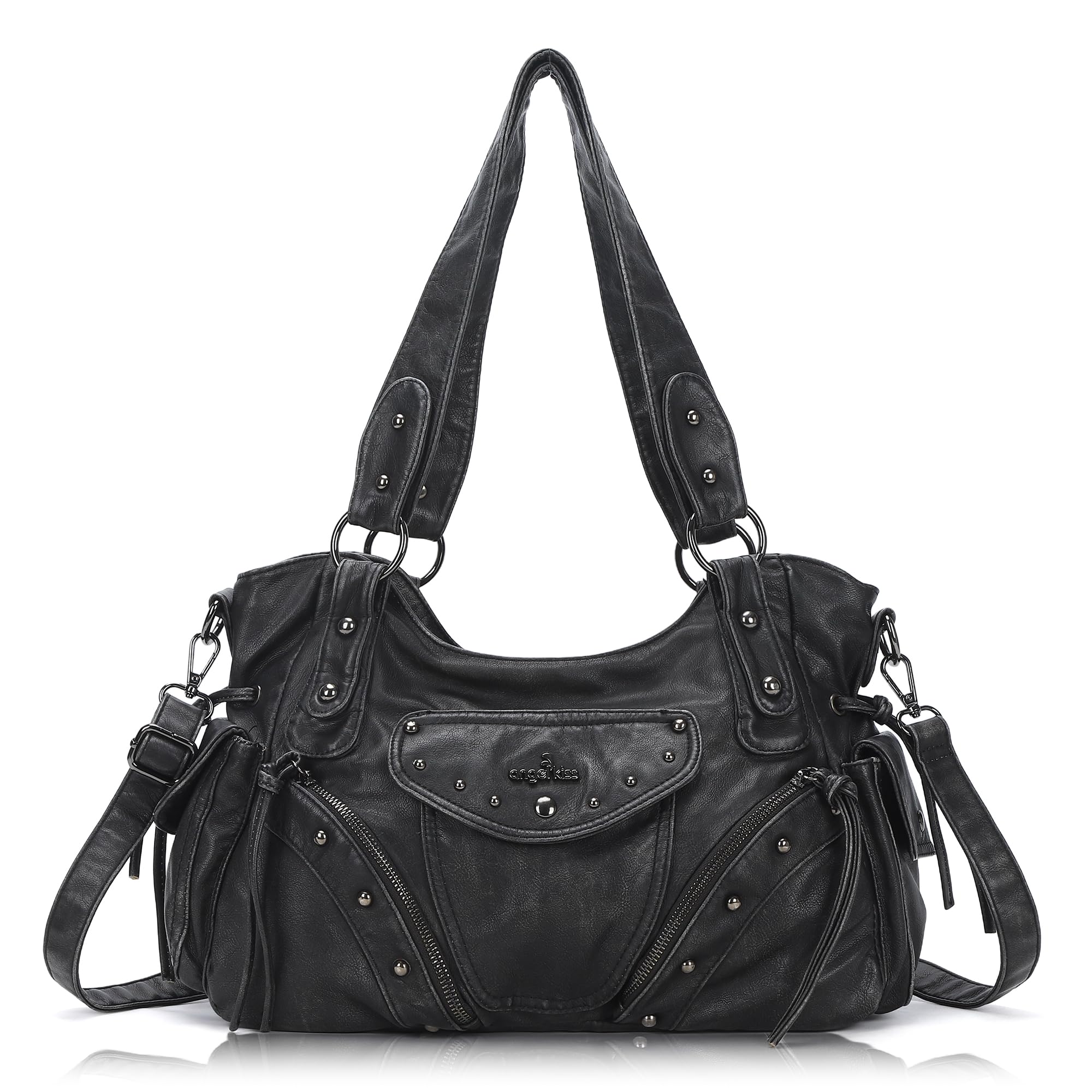 Photo 1 of Angel Kiss Hobo Bag for Women Retro Leather Purses and Handbags Roomy Soft Ladies Satchel Bags with Crossbody Strap, Black Medium Size