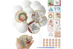 Halloscume 12 Set Christmas Scallop Shells for Crafts 4''-5'' White Natural Large Shells with 24 Pcs Xmas Decoupage Napkins, Acrylic Paint & Brushes for DIY Holiday Ornaments, Christmas Decor, Gift