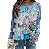 YMING Womens Easter Day Crew Neck Sweatshirt Bunny Printed Long Sleeve Pullover Cute Rabbit Shirt Tops Plus Size
