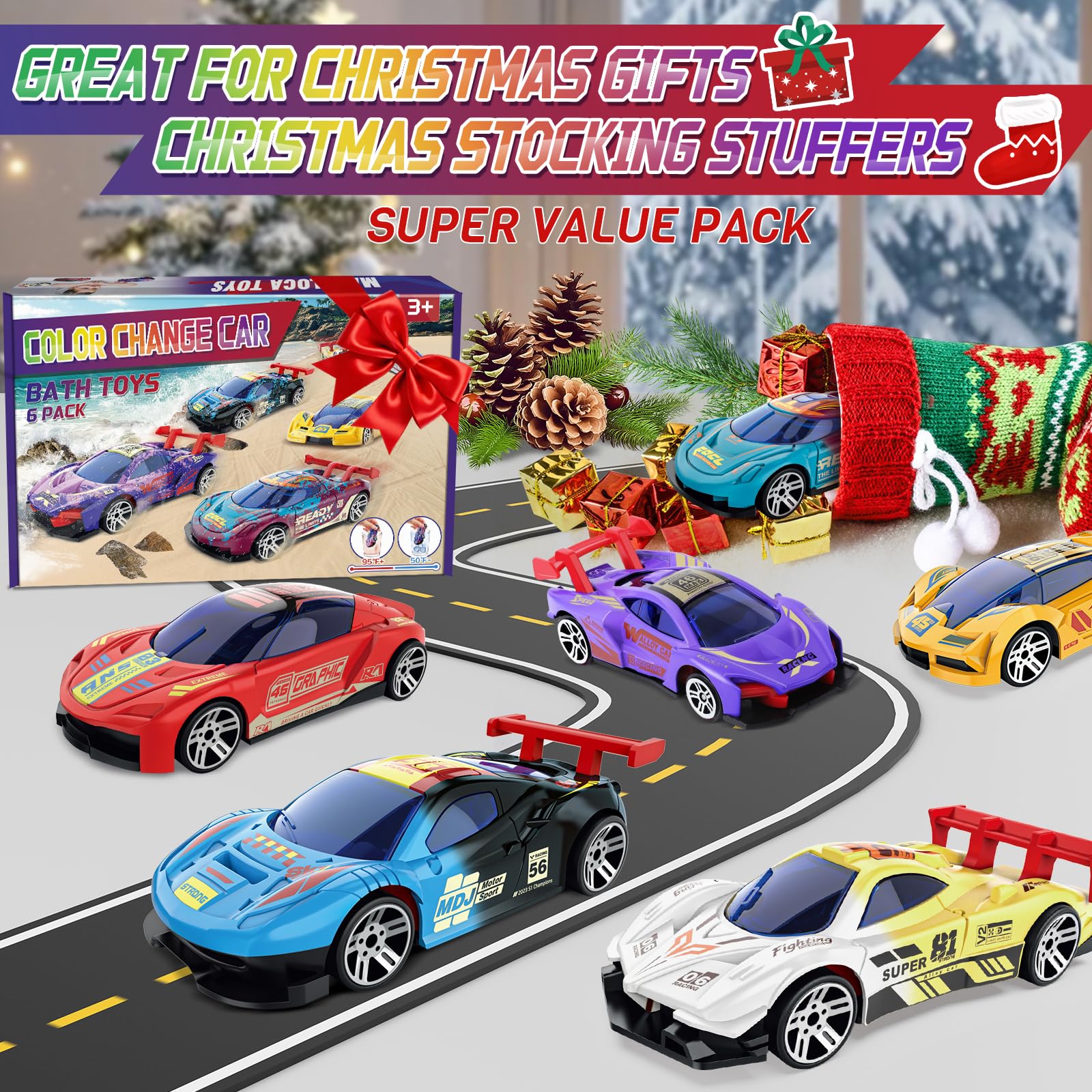 Color Changing Cars Toys Bath Toys for Kids Ages 1-3 4-8 Christmas Stocking Stuffers Gifts for Kids Grandkids Pool Water Toys Boys Christmas Birthday Gifts Car Sensory Die-Cast Toys