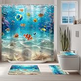 4PCS Ocean Fish Kids Shower Curtain Set Undersea Bathroom Set with Rugs | Hawaii Seashore Wave Sunrise Sunbeam Bathroom Curtain, Bath Mat, Toilet Lid Cover, and U-shaped Rug with Hooks