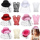 Chunyin 10 Pcs Girls Tea Party Hats for Girls Mini Hat Hair Clip Fascinator Veil Mesh Hat and Gloves Sets Tea Party Accessories for Kids Children 5.3'' Diam