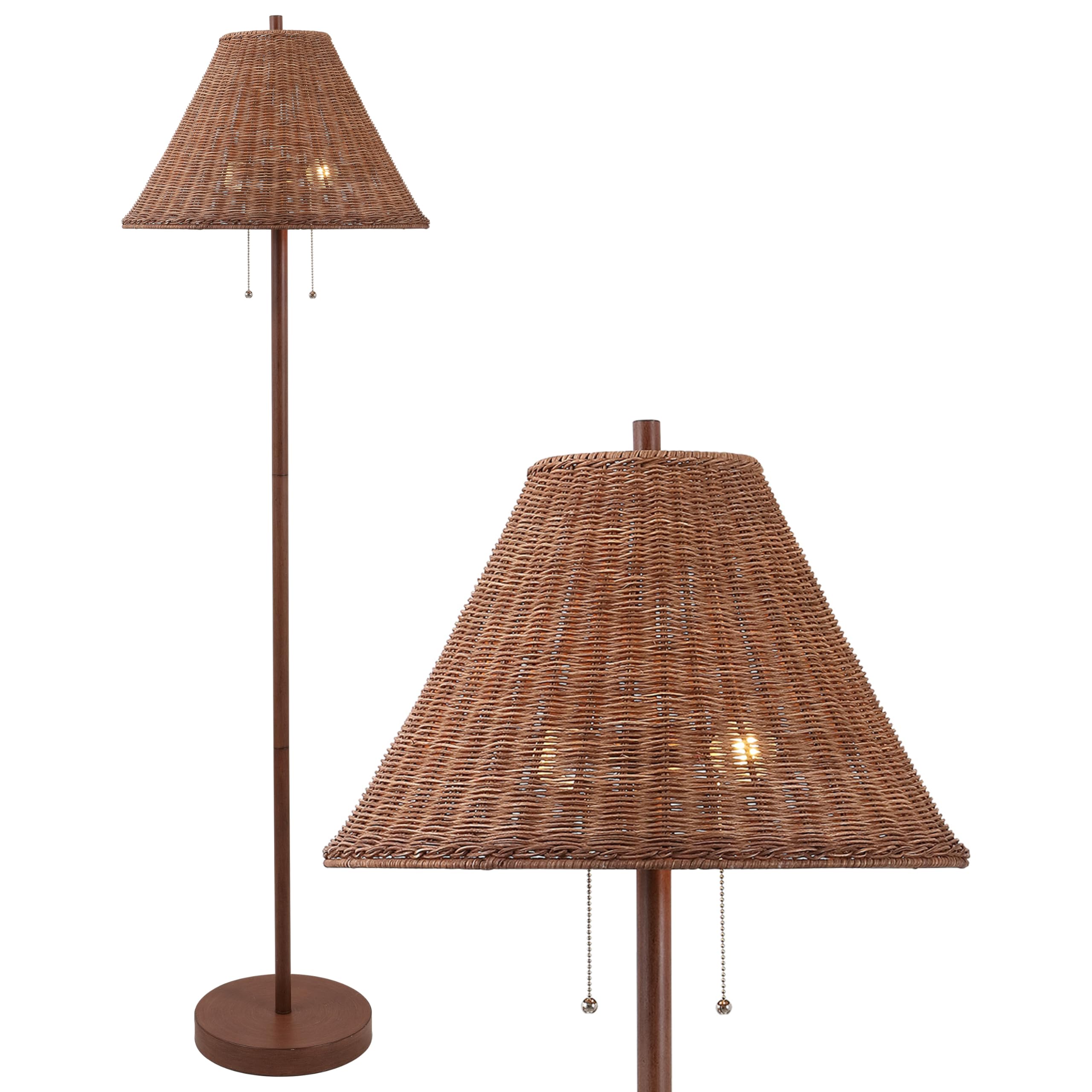 JONATHAN Y 61″ Dark Brown Wood Finish 2-Light Coastal Bohemian LED Floor Lamp for Living Room, Brown Rattan Shade, Mid-Century Modern Tall Standing Lamp, Pull-Chain, LED Bulbs Included (JYL3092C)
