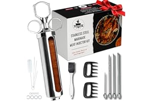 IRON GRILLERS Professional Meat Injector Syringe Kit for Smoking & Grilling Tender Turkey, Brisket & BBQ - Large 2 Oz Stainless Steel Visible Capacity - Never Leaks or Clogs + Meat Shredding Claws & Marinade Brush