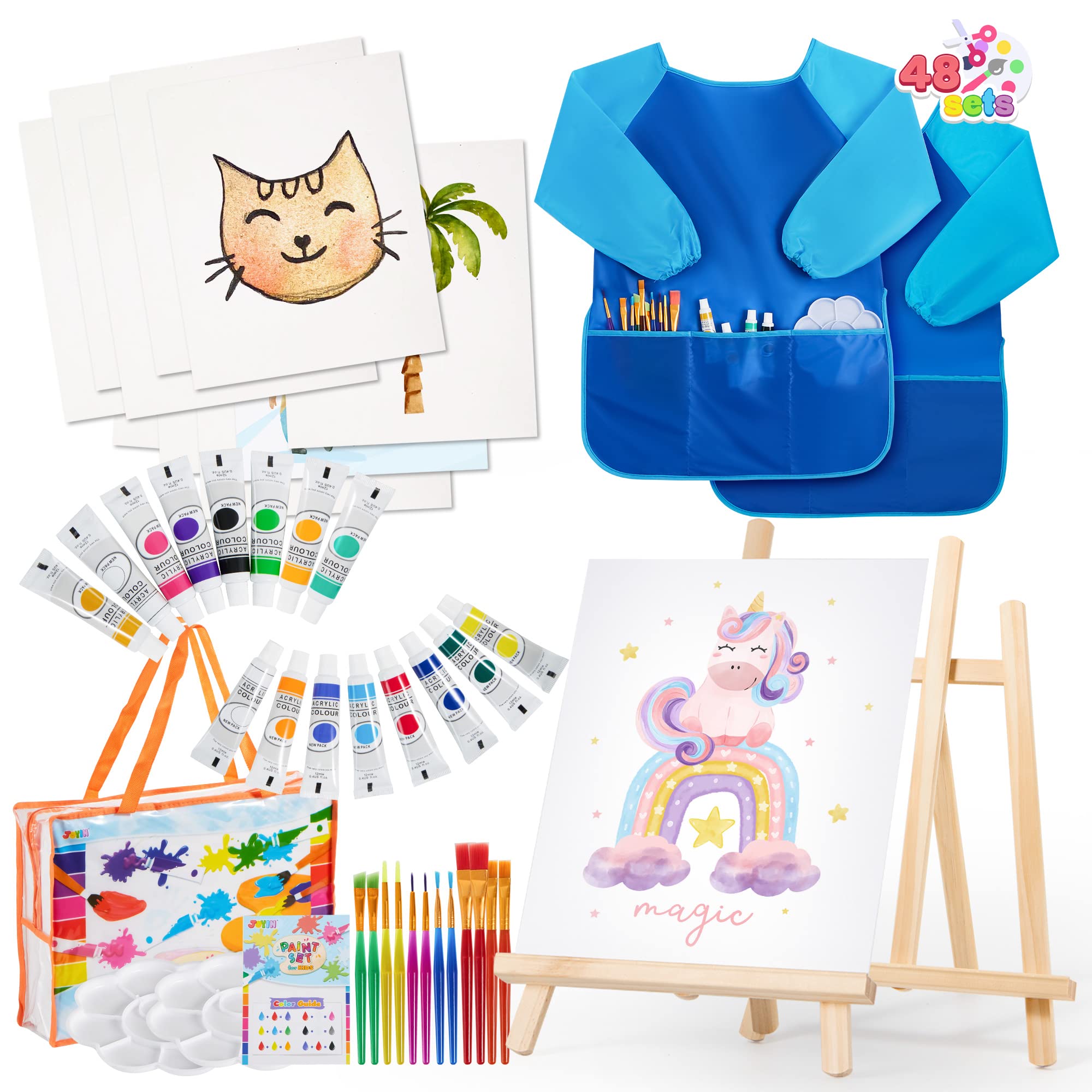 JOYIN 48 Pieces Art Painting Supplies for Toddlers and Kids with 12 Paint Brushes, 10 Painting Canvas, 2 Tabletop Easels, 2 Art Smocks, 18 Acrylic Painting Colors, Paint Palettes, Presents for Kids