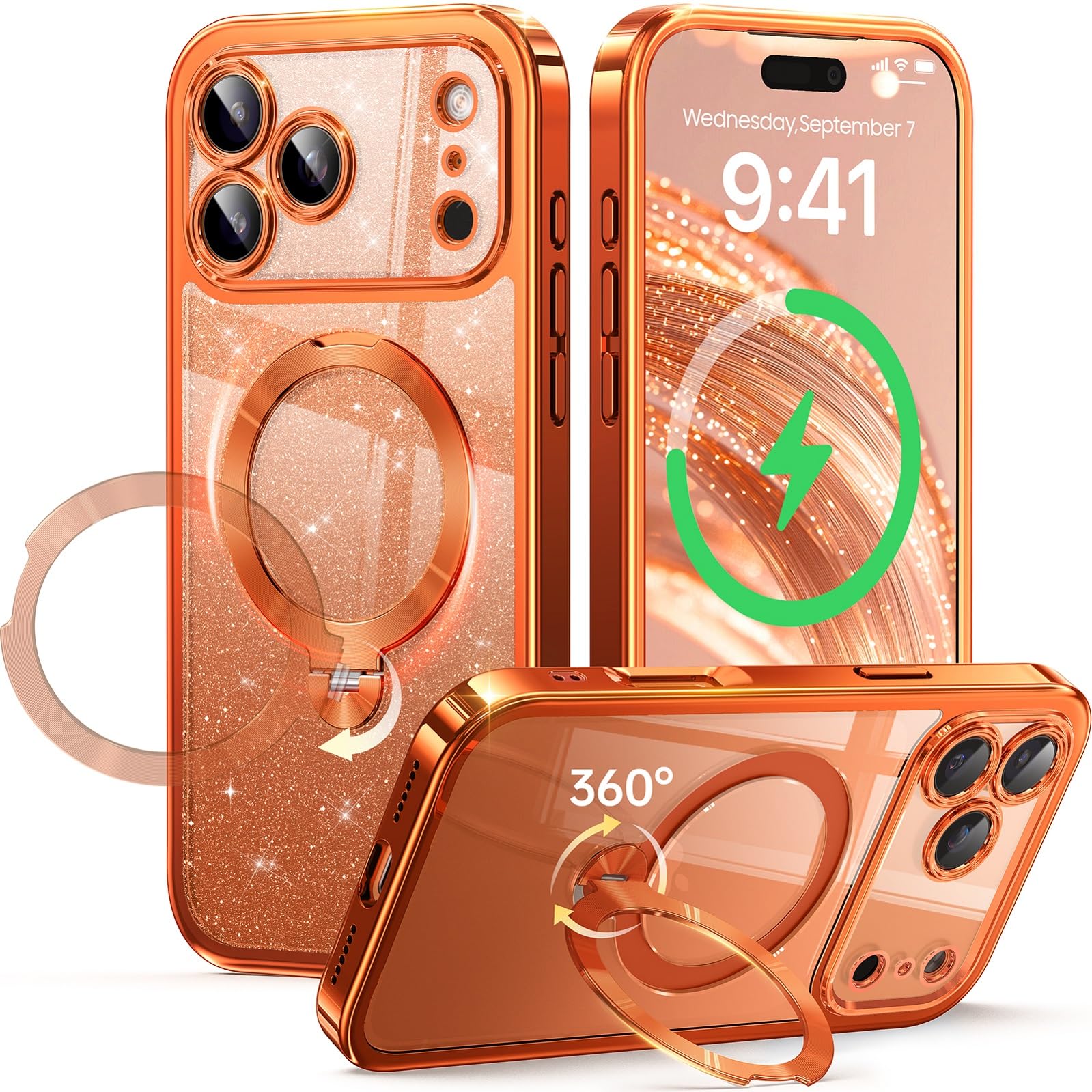 Photo 1 of Offical Cosmic Orange for iPhone 17 Pro Max Case with 360 Spin Stand [DIY Glitter Cardstock] [Fit for MagSafe] 16FT Mil-Protection Polished for iPhone 17 Pro Max Case with Stand 6.9'', Cosmic Orange