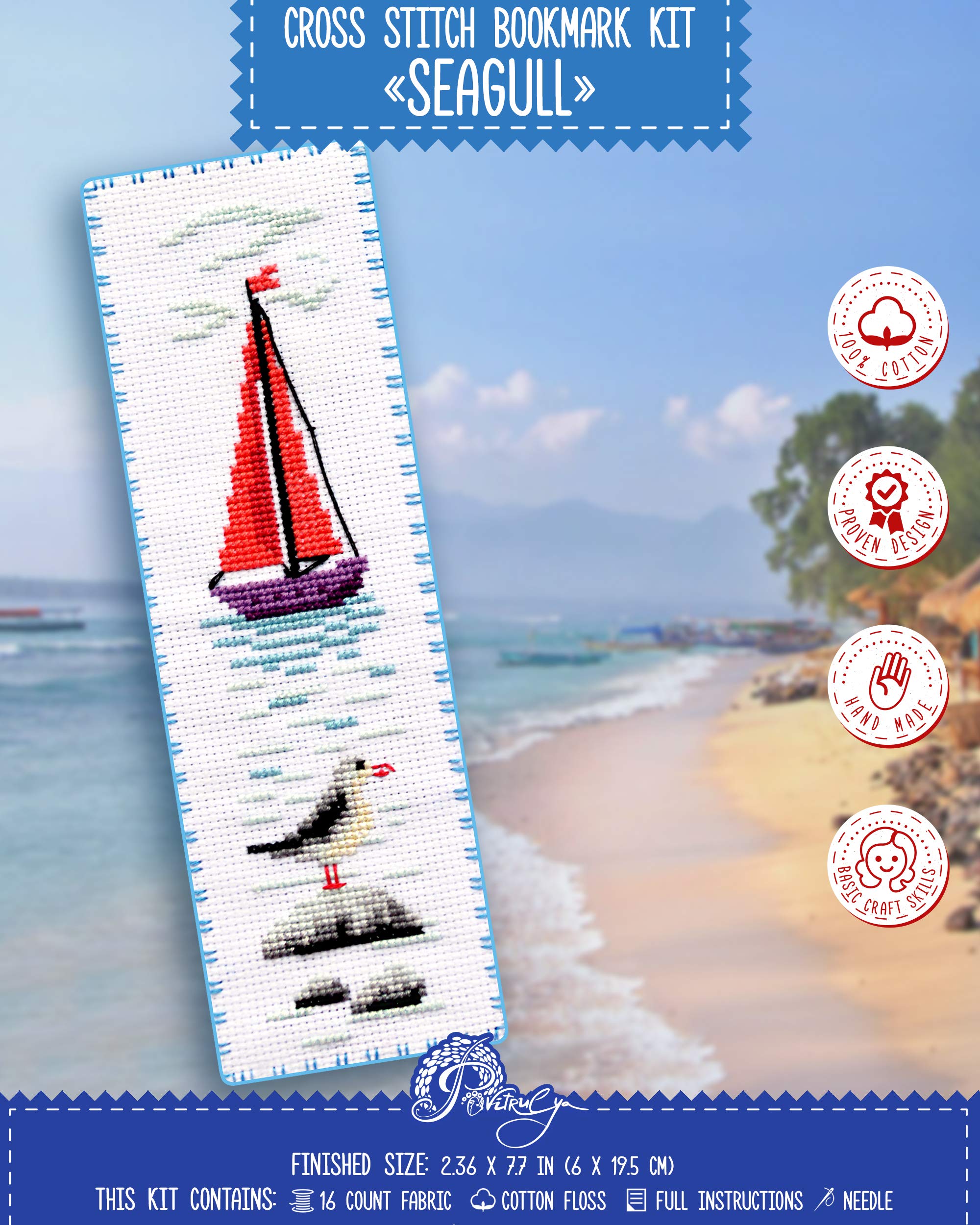 Povitrulya Seagull Cross Stitch Bookmark - Seaside Beach Embroidery Set with Paper Pattern, 16 Count Aida Cloth and Pre-Sorted Floss