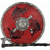 LOOYAR Viking Wolf Totem PU Foam Shield and Axe Set for Costume &amp; LARP | Fenrir wolf totem design Lightweight PU foam build Shield and axe prop set Reinforced inner support For LARP, cosplay, events