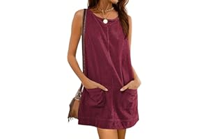 Hooever Women's Corduroy Overall Dress Round Neck A Line Skirtall Jumper Mini Dress Pinafore with Pockets