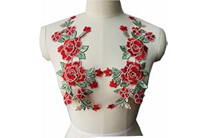 JINMOMOMO Embroidered Sew Patch Rose Flowers 3D Peony Appliques Lace Trims Fabric Collar Patches for Clothing Wedding Bride Evening Dress DIY Decoration (red)