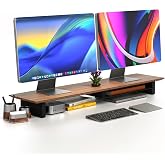 COREMINDED Solid Wood Dual Monitor Stand Riser, 42 Inch Walnut Desk Shelf | Fits 2 Monitors, Sturdy &amp; Stable Solid Wood, Under Monitor Keyboard Storage, Office Desktop Organizer, Easy Assembly, Walnut