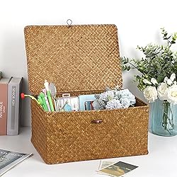 Hipiwe Wicker Shelf Baskets Bin with Lid, Handwoven