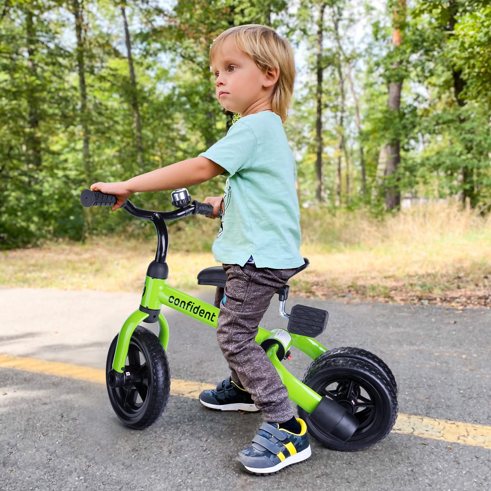 Ancaixin 3 in 1 Toddler Tricycles for 2-5 Years Old Boys and Girls with Adjustable Seat Detachable Pedal and Bell, Foldable Baby Balance Bike Riding Toys for Kids, Child Birthday Gift Green