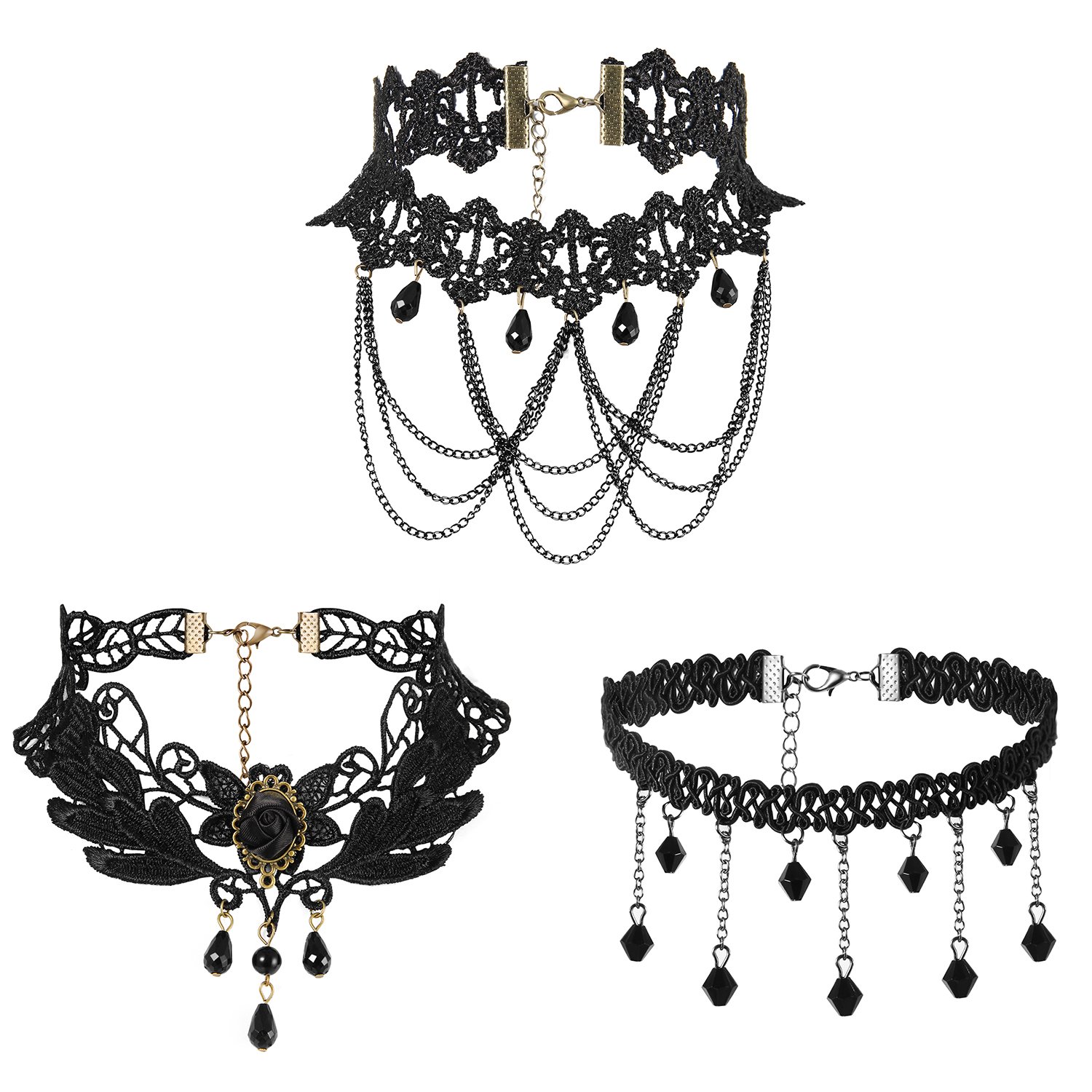 Flongo Women Girl 3PCS Black Retro Gothic Lace Choker Necklace Collar Neckband, 13 inch