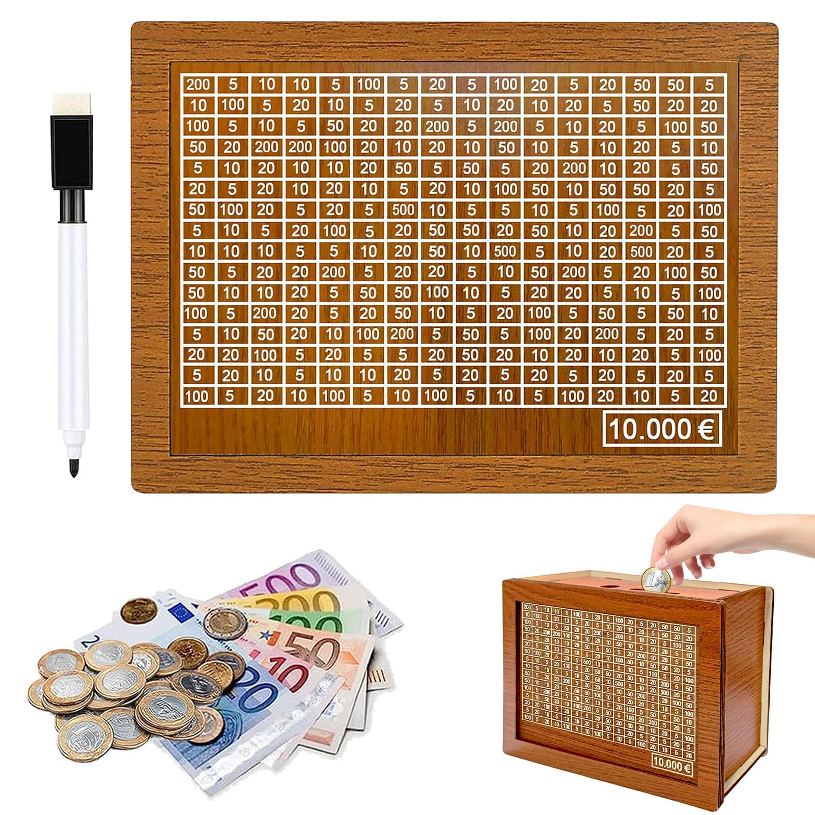 Money Saving Box, Wooden Savings Box, Money Saving Challenge with Numbers Tick with Counter, Reusable Cash Bank, Wooden Piggy Bank for Adults Kids with Savings Goals (10,000)