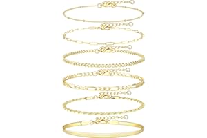 Besteel 6PCS Ankle Bracelets for Women Waterproof-14K Gold Plated Anklets for Women Non Tarnish Hypoallergenic Stainless Steel Cuban Link Chain Anklet Set Layered Beach Jewelry Gift Adjustable