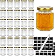 DHSBTLS Rustic Chic Hexagon Glass Jars, 30pcs 3oz Canning Jars with Gold Lids, Includes 40 Labels and One Pen, Perfect for Sp
