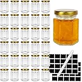 DHSBTLS Rustic Chic Hexagon Glass Jars, 30pcs 3oz Canning Jars with Gold Lids, Includes 40 Labels and One Pen, Perfect for Sp